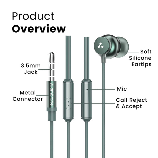 Ambrane Stringz 38 Wired Earphones with Mic, Powerful HD Sound with High Bass, Tangle Free Cable, Comfort in-Ear Fit, 3.5mm Jack (Green), Normal