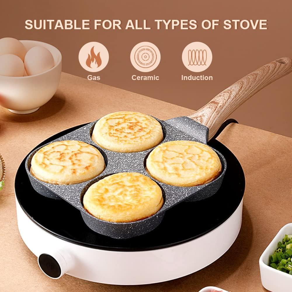 Cazuela 4 Cups Egg Pan Omelette Pan Frying Pan Egg Frying Pan 4 Cup Crepe Pan Granite Egg Cooker Breakfast Pancakes Pan Suitable for Gas Stove & Induction Cookware (Wood Grain Handle)
