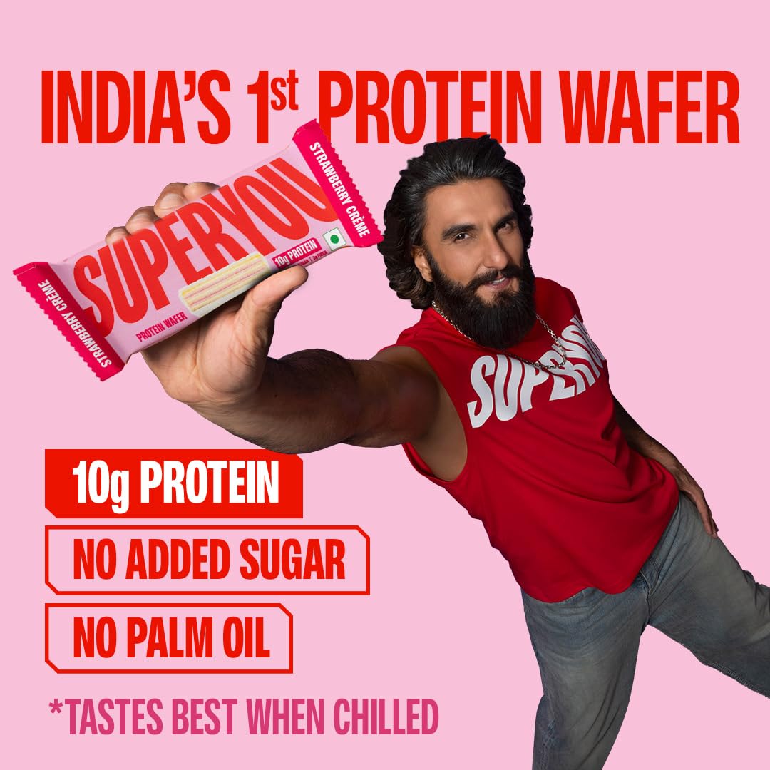 Superyou Strawberry Protein Wafer Bars (Pack Of 10)|10 Gram Protein, 3 Gram Fiber, No Added Sugar|Yeast Fermented Protein|Energy Bars|Crunchy Wafer Bar|100% Vegetarian|No Palm Oil|400 Gram