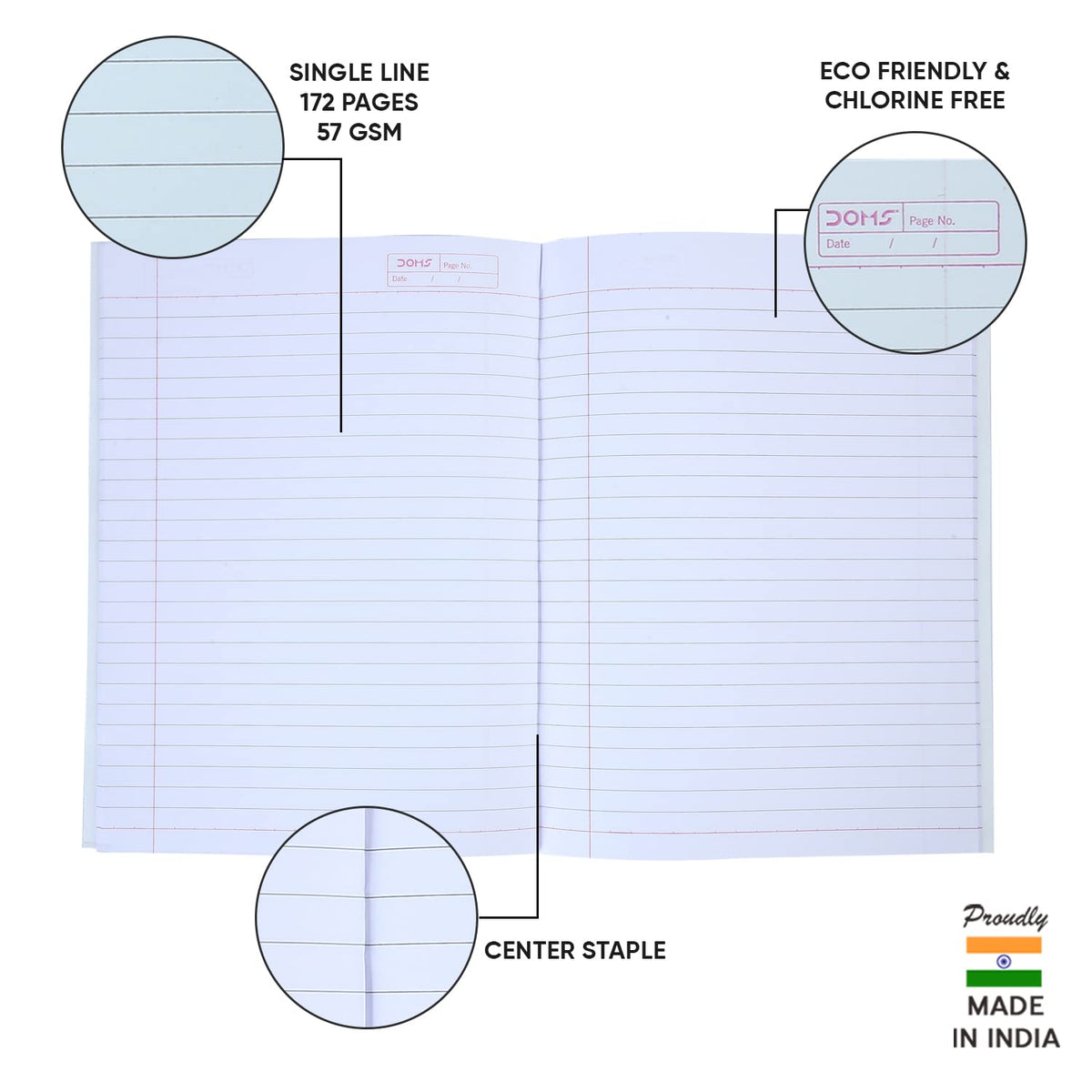 Doms Brown Cover Notebook | Single Line | 57GSM | 172 Pages | 18 x 24 cm | Pack of 6