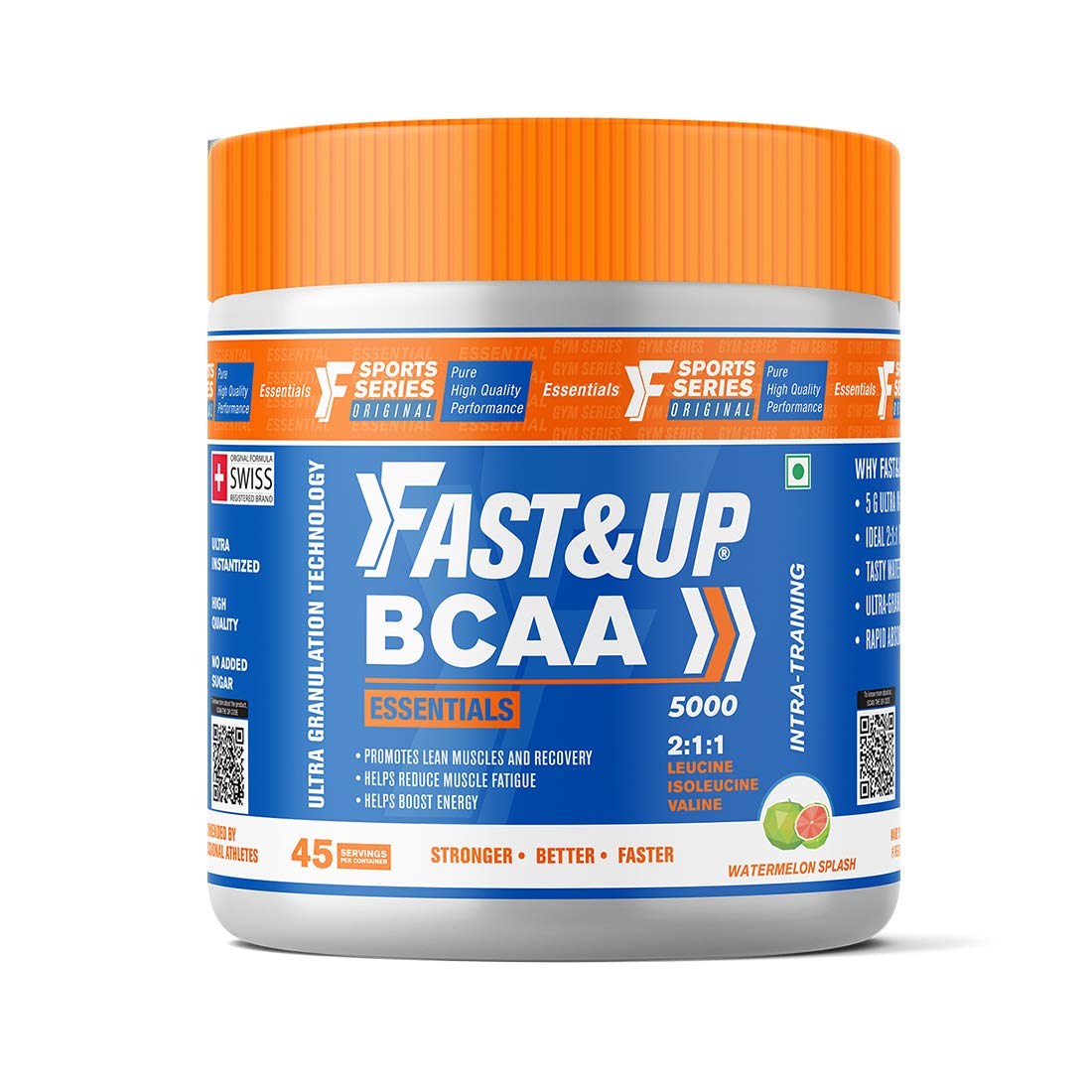 Fast&Up BCAA Basic (45 Servings, Watermelon Flavour)  -  BCAA Supplement Powder with 2:1:1 Ideal Ratio Leucine, Isoleucine & Valine - Pre/Post & Intra Workout Supplement