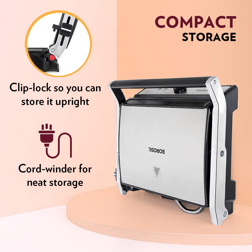 Borosil Super Jumbo Grill Sandwich Maker | Can Make 4 Sandwich At a Time | 2000W Electric Toaster Maker | Non-Stick Coating Plates Opens to 180°, BPA & PTFE Free | Power Indicators | 2 Year Warranty