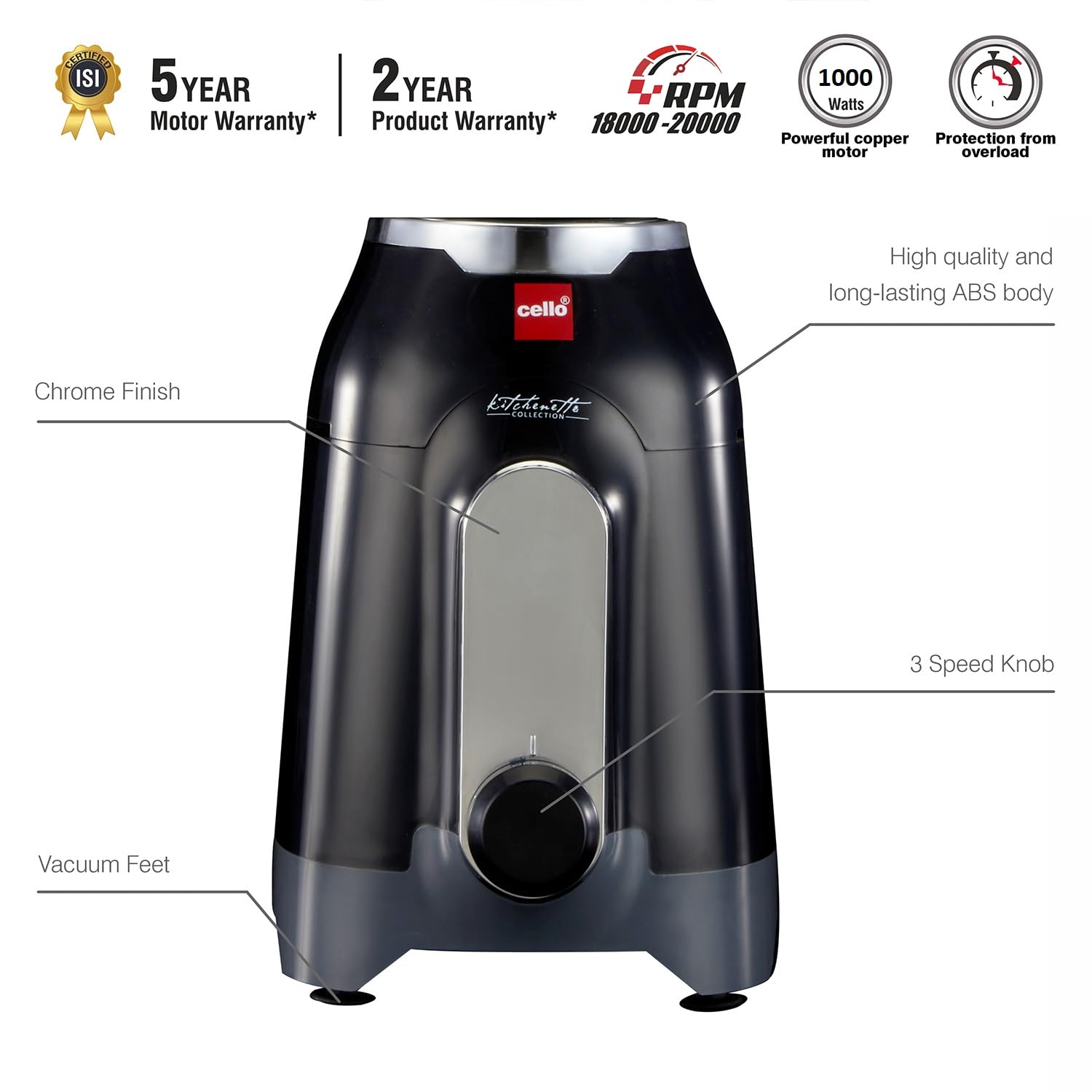 Cello Discovery Chef Mixer Grinder 5 Jars, 1000Watts | Chutney Jar, Wet Jar, Food Machine, Juicer Jar, Dry Jar | Stainless Steel Jars and Sturdy Body | 6 Additional Attachments