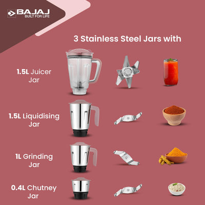 Bajaj Ninja Series Stella 750W Mixer Grinder with 4 Jar, White