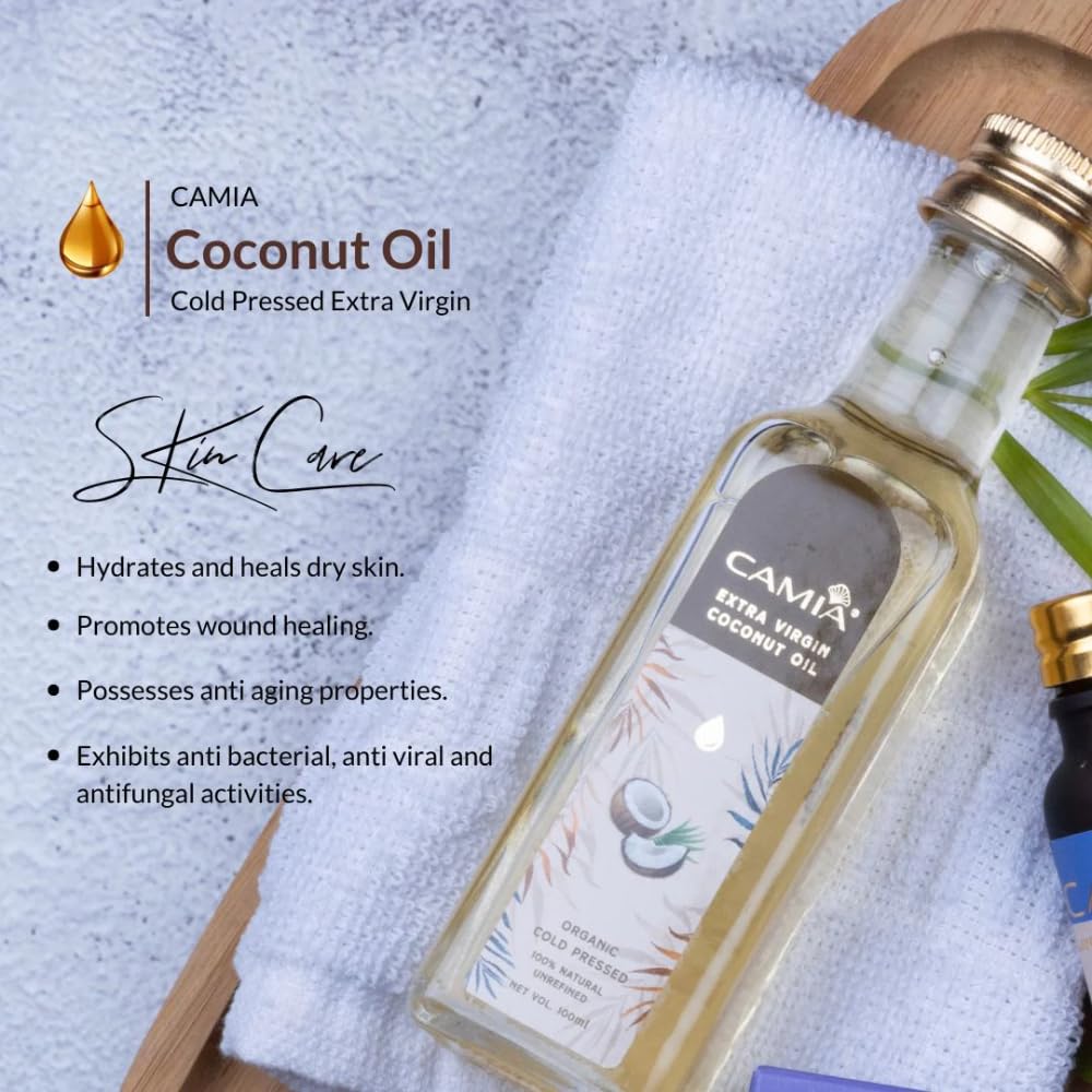 CAMIA Premium Coconut Oil for Skin & Hair | Cold Pressed & Organic Coconut Oil | 100% Pure, Natural, Undiluted, Unrefined Hair Oil | Ideal for Skiin & Hair | Free From Chemicals | 100 ML Glass Bottle