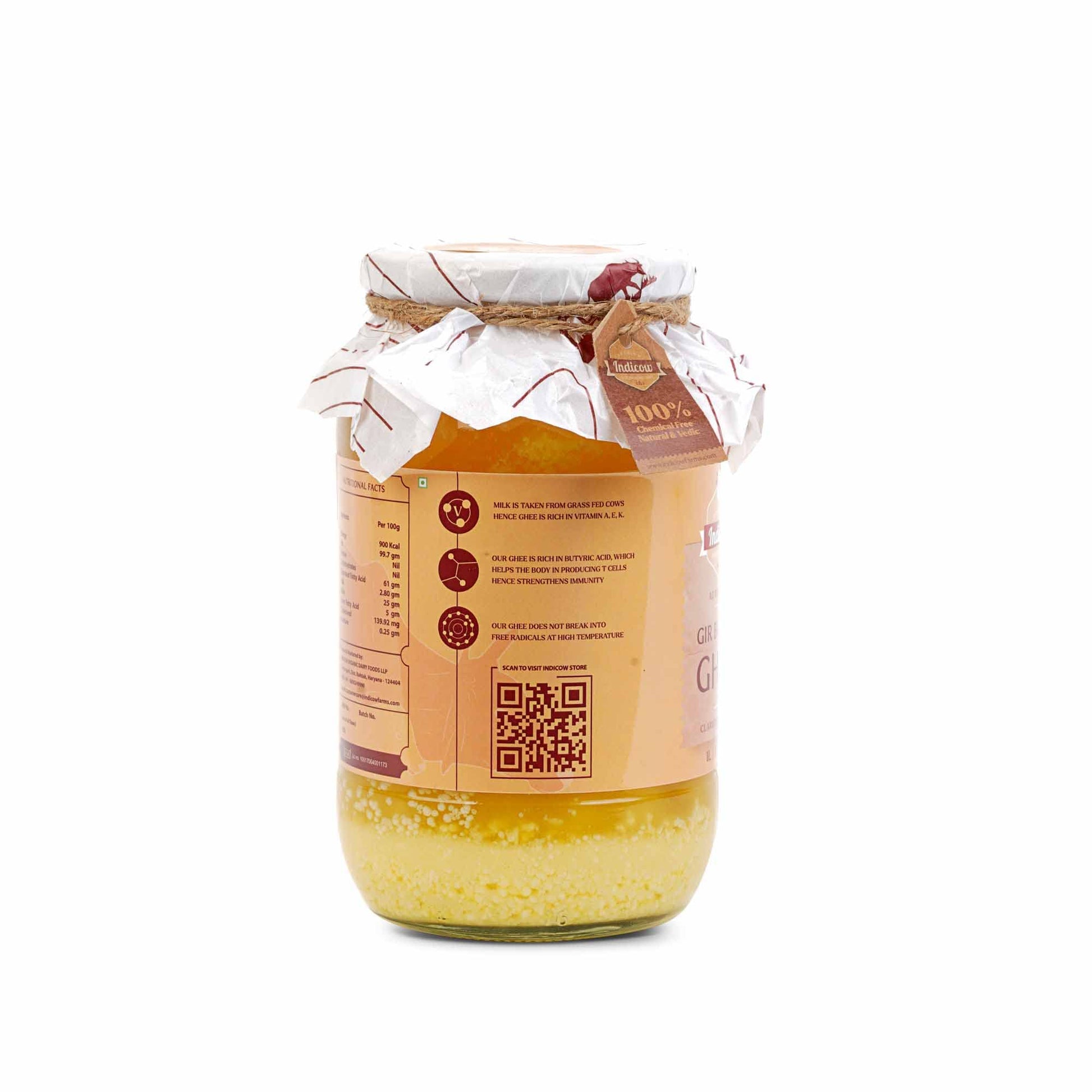 Indicow Organic Dairy Foods Pure Authentic A2 Gir cow Ghee | Bilona Curd-Churned, Cruelty-Free, Ayurvedic| Grass Fed Cows (1000ml(1ltr), Gir) | Glass Packaging