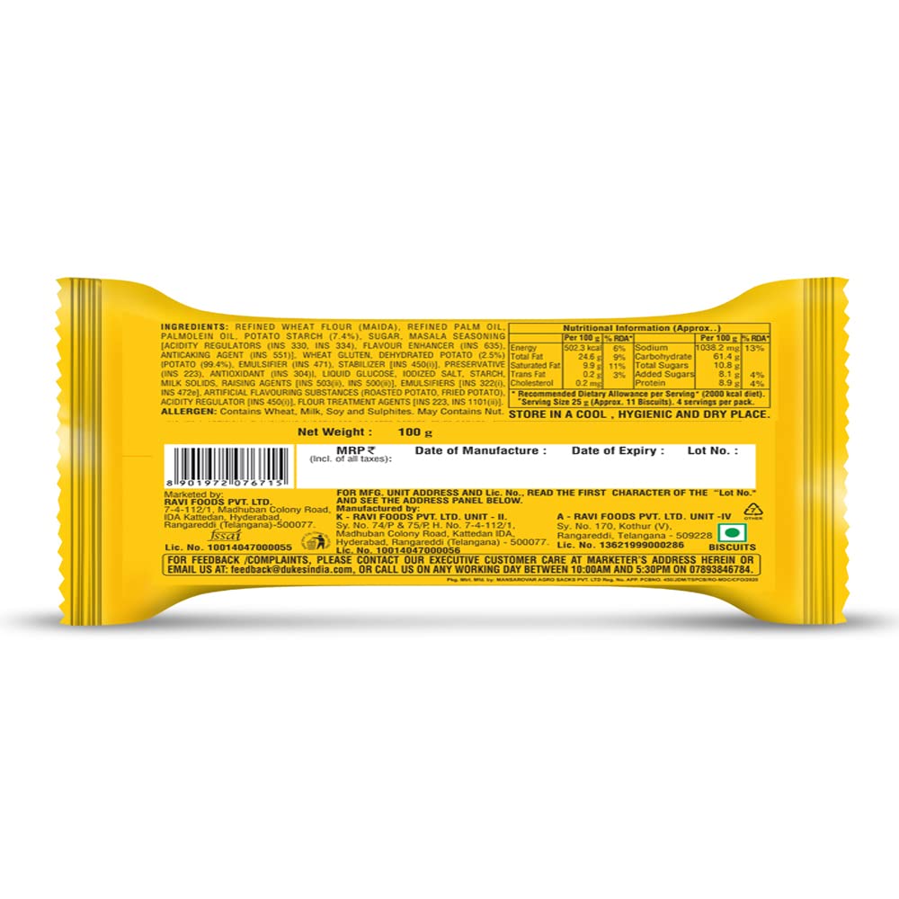 Dukes Alooz Crisp Potato Biscuits Majedar chatpata Masala Flavoured - Baked not Fried (100gm)