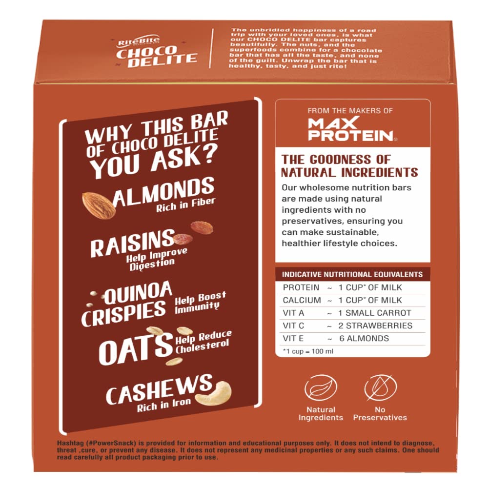RiteBite Choco Delite Energy Snack Bar with Oats, Almonds & Dark Chocolate 480g - Pack of 12