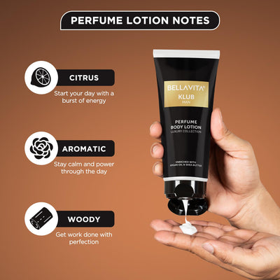 Bella Vita Luxury KLUB Man Body Perfume Lotion for Nourishing, Hydrating, Soft, Supple, Healthy Skin with Argan Oil and Shea Butter 200 ml