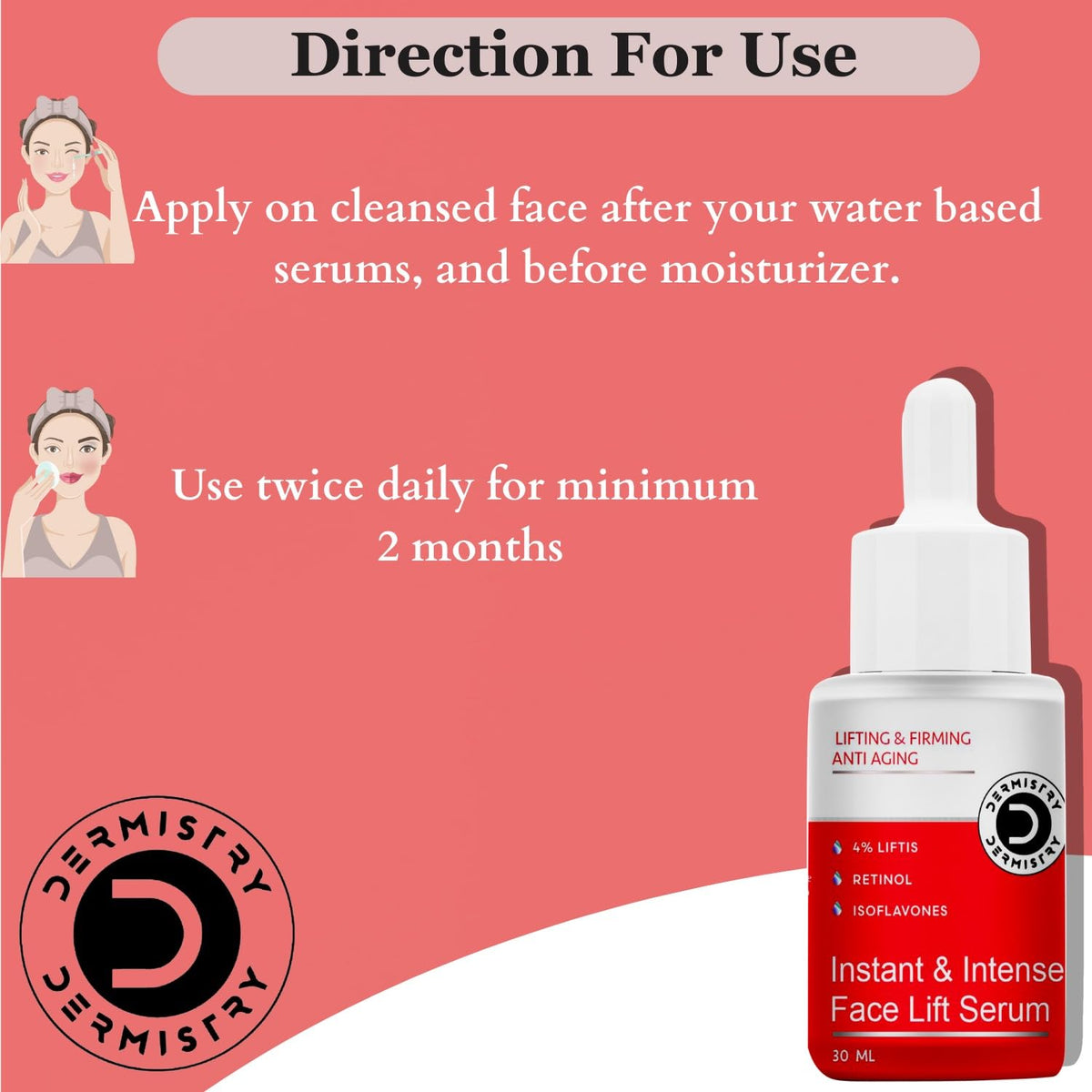 Dermistry Anti Aging Instant Skin Lifting Firming Tightening 4% Liftis Retinol Face Serum For Collagen Boost Ageing Wrinkles Fine lines Repair - 30ml