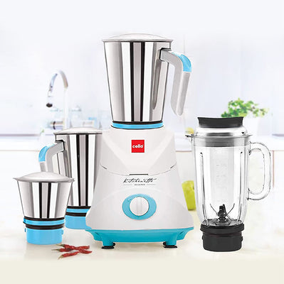 Cello Grind-N-Mix Elite Mixer Grinder, 500 Watts, 3 Stainless Steel Jar and 1 Juicer Jar, Blue and White