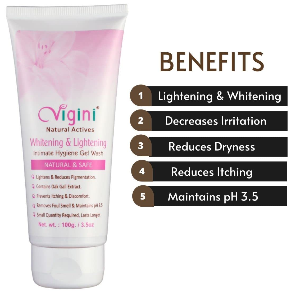 Vigini Feminine Hygiene Intimate Care Lactic Acid Gel Wash 100ml, Aleo Vera Neem oak Gall Tea Tree Extract, Lemon Neem Oil for Women pH Balanced Cream Products Pack of 1