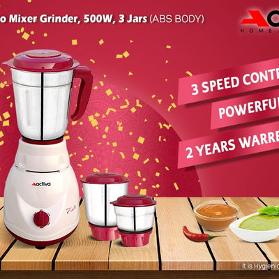 ACTIVA Plastic Pluto Pro Mixer Grinder, 500W, 3 Jars (White) 2 Year Warranty (Ivory Maroon), 500 Watts