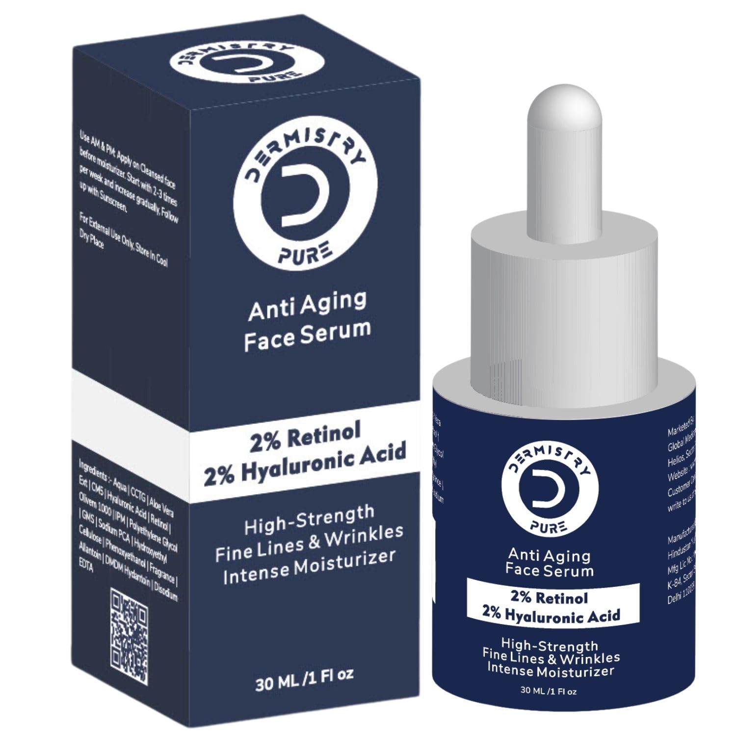 Dermistry Pure 2% Retinol 2% Hyaluronic Acid High Strength Anti Aging Ageing Face Serum Removes Fine Lines & Wrinkles Skin Deep Hydration Intense Moisturizer 30ml