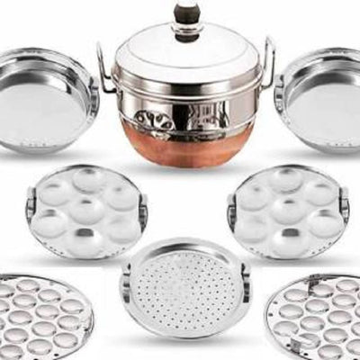 Bigbought All-in-One Stainless Steel Idli Cooker Kadai Steamer with Copper Bottom, Big Size with 7 Plates 2Idli 2 Dhokla 1 Patra 2 Mini idli plate Induction & Standard Idli Maker (7 Plates,14 Idlis)