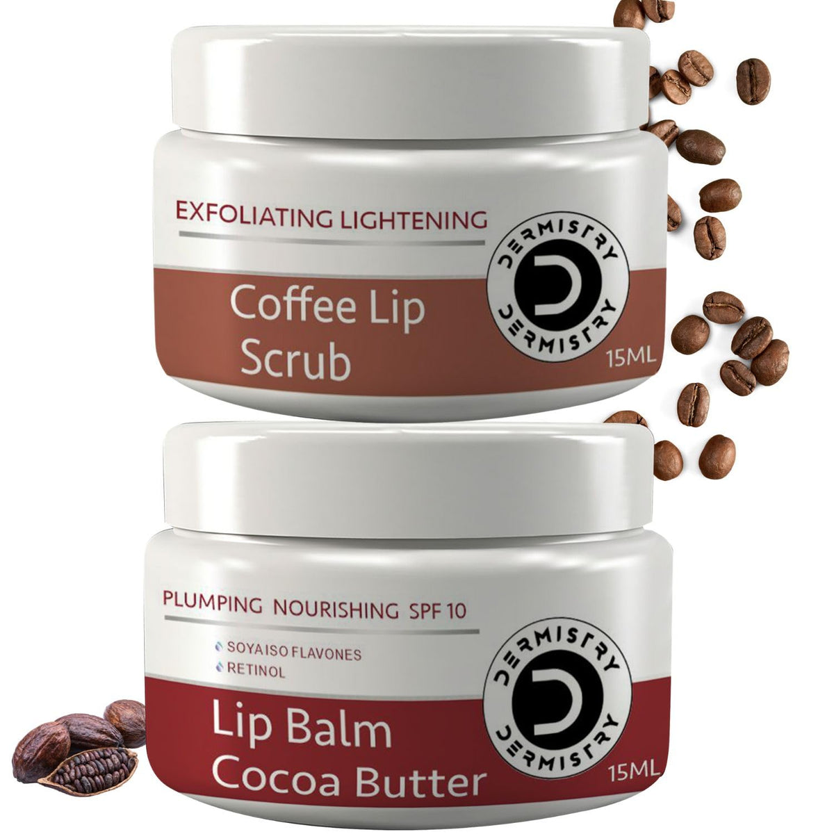 Dermistry Cocoa Butter Lip Care Tint Balm Plumping Nourishing Retinol SPF 10 for Glossy Lips + Exfoliating Lightening Coffee & Sugar Lip Scrub for Deep Dry Chapped Lips for Women Men Girls (Pack of 2)
