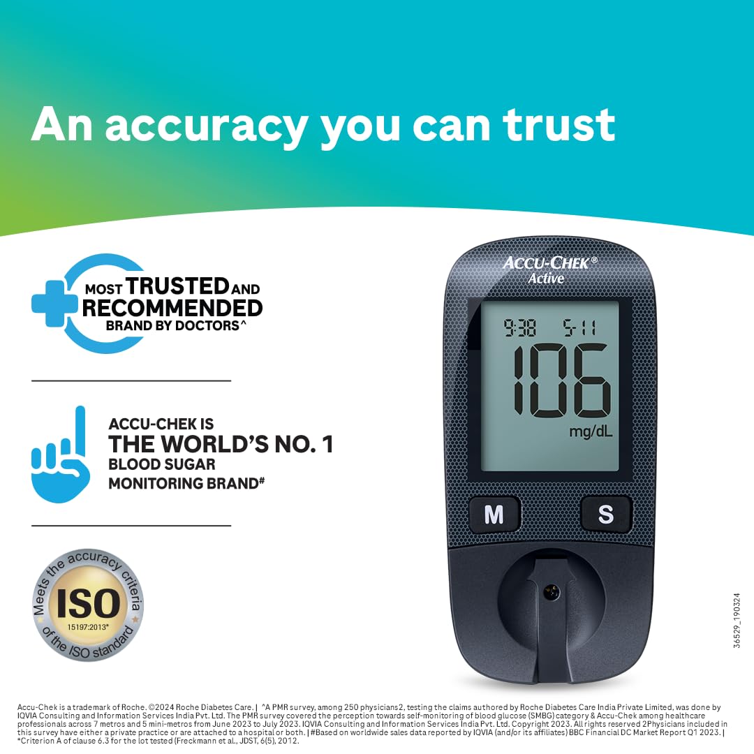 Accu-Chek Active Blood Glucose Glucometer Kit with Vial of 10 Strips, 10 Lancets and a Lancing device FREE