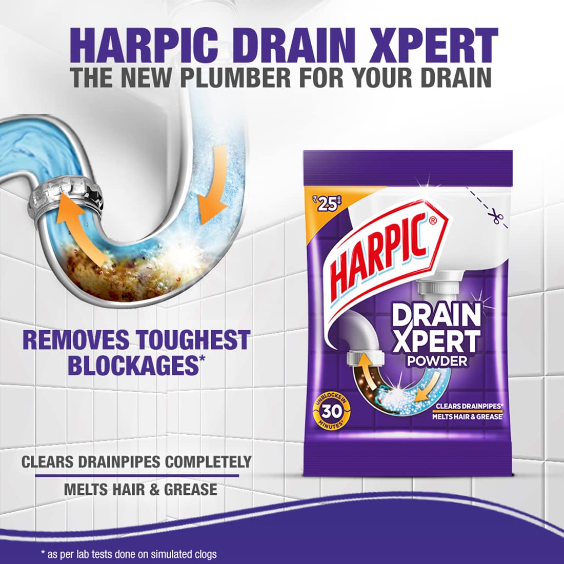 Harpic Disinfectant Toilet Cleaner Liquid, Orange - 1 L & Harpic Drain Xpert Drain Cleaner Powder (50g x 8) | Effective Sink Cleaner, Drain Blockage Remover, Drain Pipe Cleaner