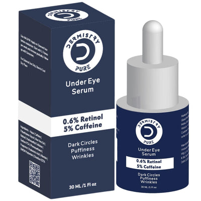 Dermistry Pure 0.6% Retinol 5% Caffeine Anti Ageing Under Eye Serum for Aging Removes Fine Lines Wrinkles Dark Circles Puffiness & Puffy Eyes Rejuvenating 30ml