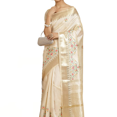 arriva fab Women's Kasavu Cotton Blend Saree With Blouse Piece (Riva1698__White)