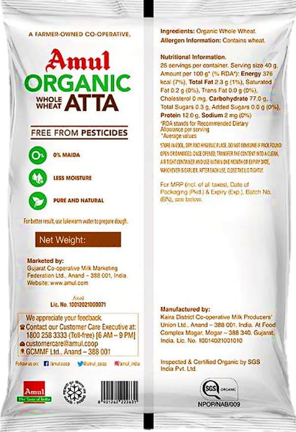Amul Organic Whole Wheat Atta 1KG