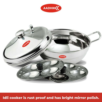 Aadhik Stainless Steel Multi Purpose Kadai with Steel Lid, Idli Maker 2 Idli Plate 8 Cavity Idli Cooker Stainless Steel Idly Pot with Steamer, Silver