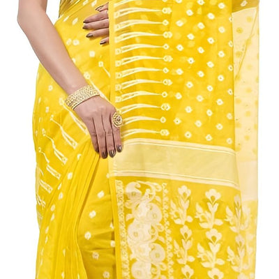 AS Aishwarya Sarees Cotton Silk Women's Bengal Special Soft Dhakai Jamdani Saree For Women With Blouse Piece (Yellow)