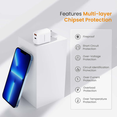 Ambrane 30W USB & Type-C Dual Port Boosted Speed Mobile Charger Adapter, Fast Charger with QC & PD Technology, Compatibility with iPhone & Android, Made in India, Compact & Durable(RAAP H33, White)