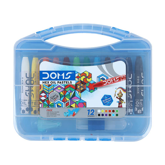 Doms Non-Toxic Hexagonal Jumbo Oil Pastel Set In Plastic Carry Case -12 Assorted Shades