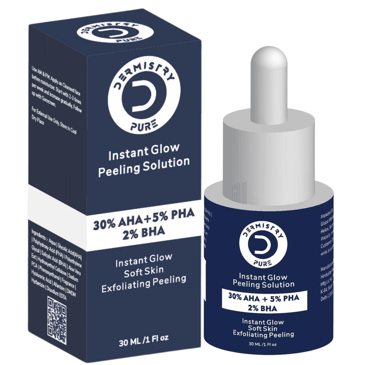 Dermistry Pure 30% AHA + 5% PHA + 2% BHA Skin Lightening Brightening Instant Glowing Smooth Peeling Exfoliating Solution Face Serum For Instant Glow 30ml