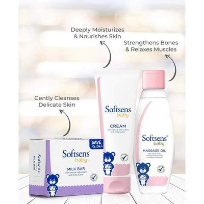 Softsens Baby Skin Hydrating Essential Kit - Milk Bar Soap(100gx3), Natural Cream(100g) & Massage Oil (200ml)