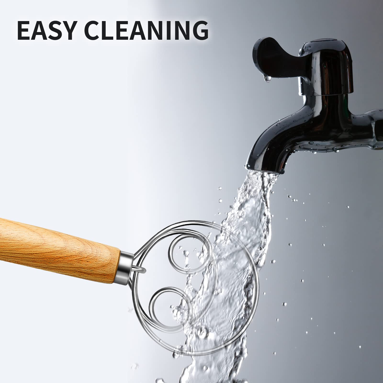 (More Efficient) TeeVea Danish Dough Whisk Stainless Steel Dutch Style Bread Dough Hand Mixer Blender Wooden Handle Kitchen Baking Tools Artisian Blender