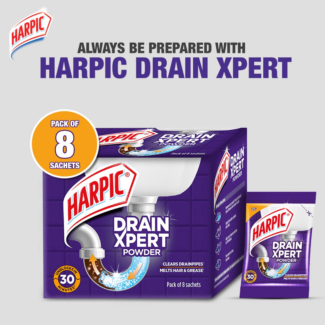 Harpic Drain Xpert Drain Cleaner Powder (50g x 8)