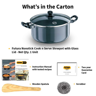 Hawkins Futura 5 Litre Cook n Serve Stewpot, Non Stick Pot with Glass Lid, Cooking Pot with Lid