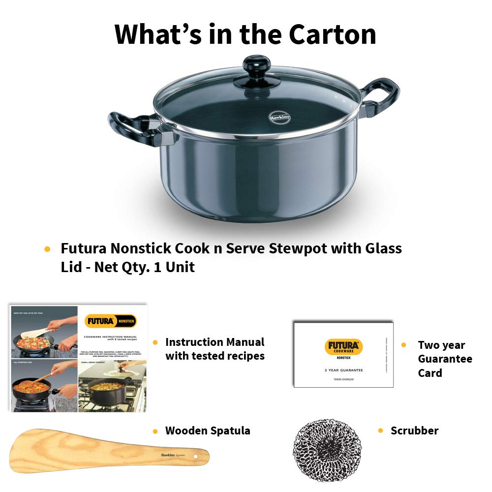 Hawkins Futura 5 Litre Cook n Serve Stewpot, Non Stick Pot with Glass Lid, Cooking Pot with Lid