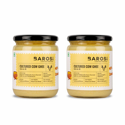 Barosi Premium Cultured Desi Cow Ghee 1 Litre (Combo Pack of 2 * 500ml) | Vedic Bilona Method | Churned from Curd | Pure & Natural | Farm Made in Small Batches | Glass Jar Packing