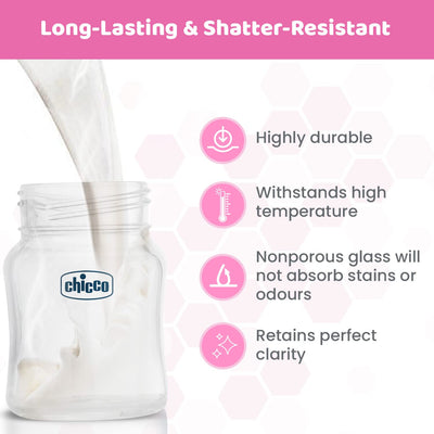 Chicco Well-Being Glass Feeding Bottle for Babies (120ml, Slow Flow) | Premium Borosilicate Glass for High Durability | Elongated Teat for Correct Latch | Comes with Anti-Spill Cap | BPA Free (Pink)
