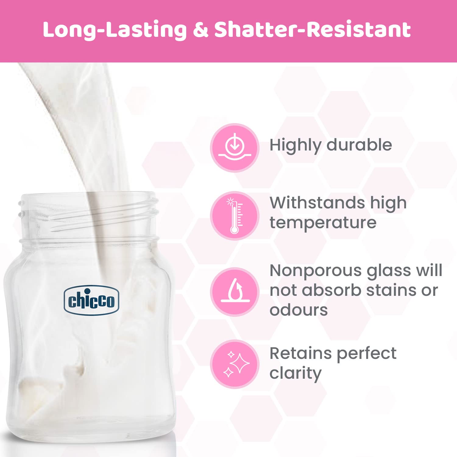 Chicco Well-Being Glass Feeding Bottle for Babies (120ml, Slow Flow) | Premium Borosilicate Glass for High Durability | Elongated Teat for Correct Latch | Comes with Anti-Spill Cap | BPA Free (Pink)