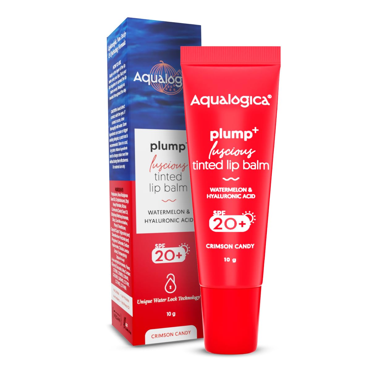 Aqualogica Plump+ Luscious Tinted Lip Balm for Men & Women - Lip Mask for Dry, Dark & Pigmented Lips with Watermelon & Hyaluronic Acid -10g (Crimson Candy)