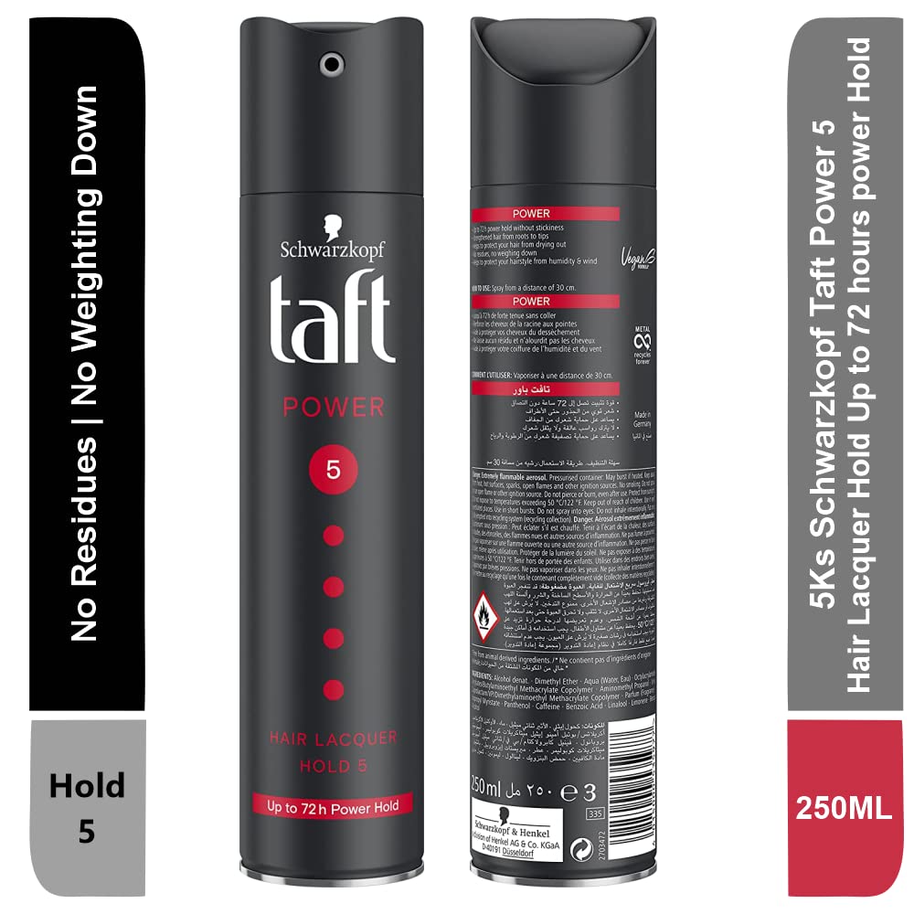 5Ks Schwarz Kopf Taft Power 5 Hair Lacquer Hold Up to 72 hours Power Hold | No Residues | No Weighting Down (250 ML)