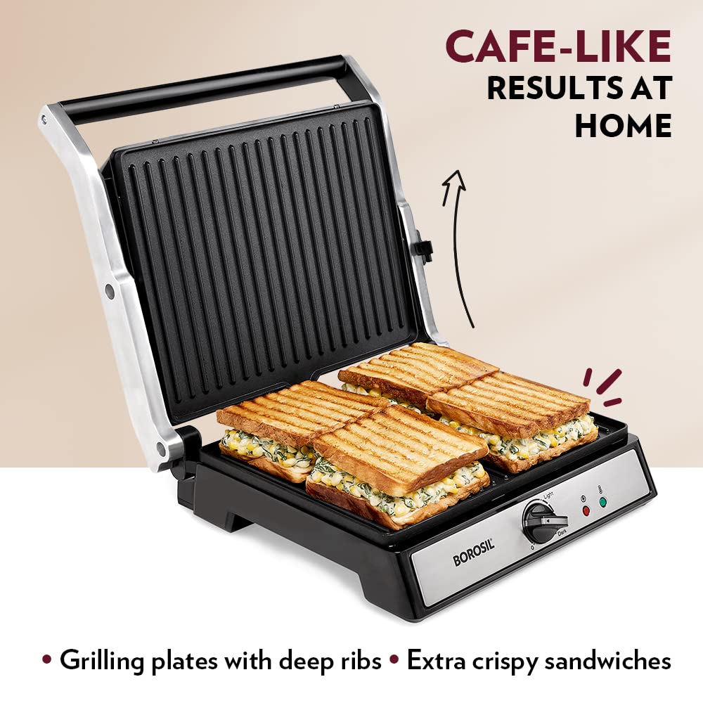 Borosil Super Jumbo Grill Sandwich Maker | Can Make 4 Sandwich At a Time | 2000W Electric Toaster Maker | Non-Stick Coating Plates Opens to 180°, BPA & PTFE Free | Power Indicators | 2 Year Warranty
