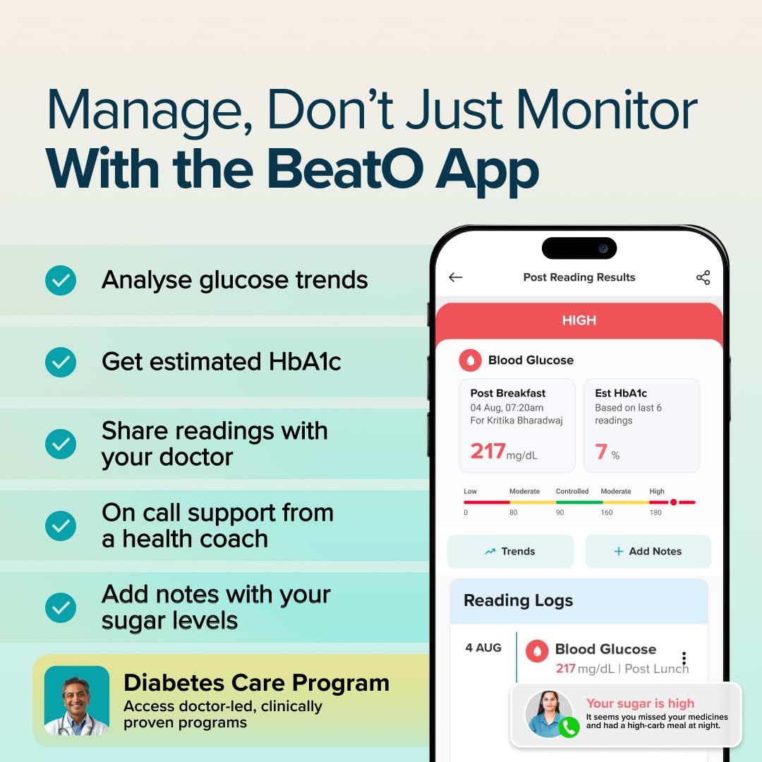 BeatO CURV Sugar Test Machine | FREE 25 Strips & 25 Lancets (Type-C USB Connector) | Simple & accurate testing of Blood sugar levels at home |Smartphone Connected Glucometer Machine | Android only | ISO Certified: Made in India