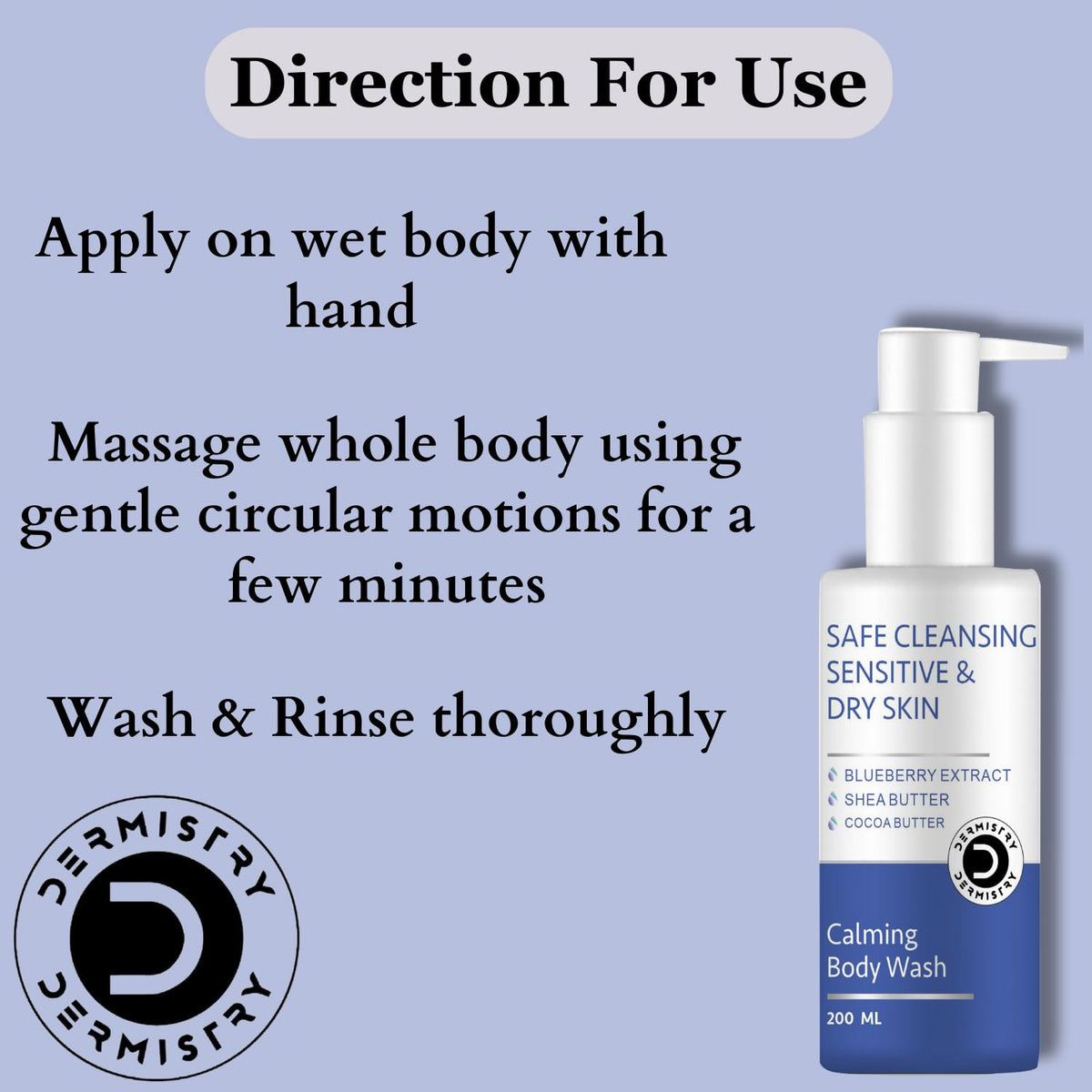 Dermistry Sensitive & Dry Skin Thick Cream Body Wash, Shea & Cocoa Butter Blue Berry, Safe Mild Gentle Cleanser, Moisturizing Revitalizing Wash For Winter, Suits All Skin Types Women Men, 200 ml