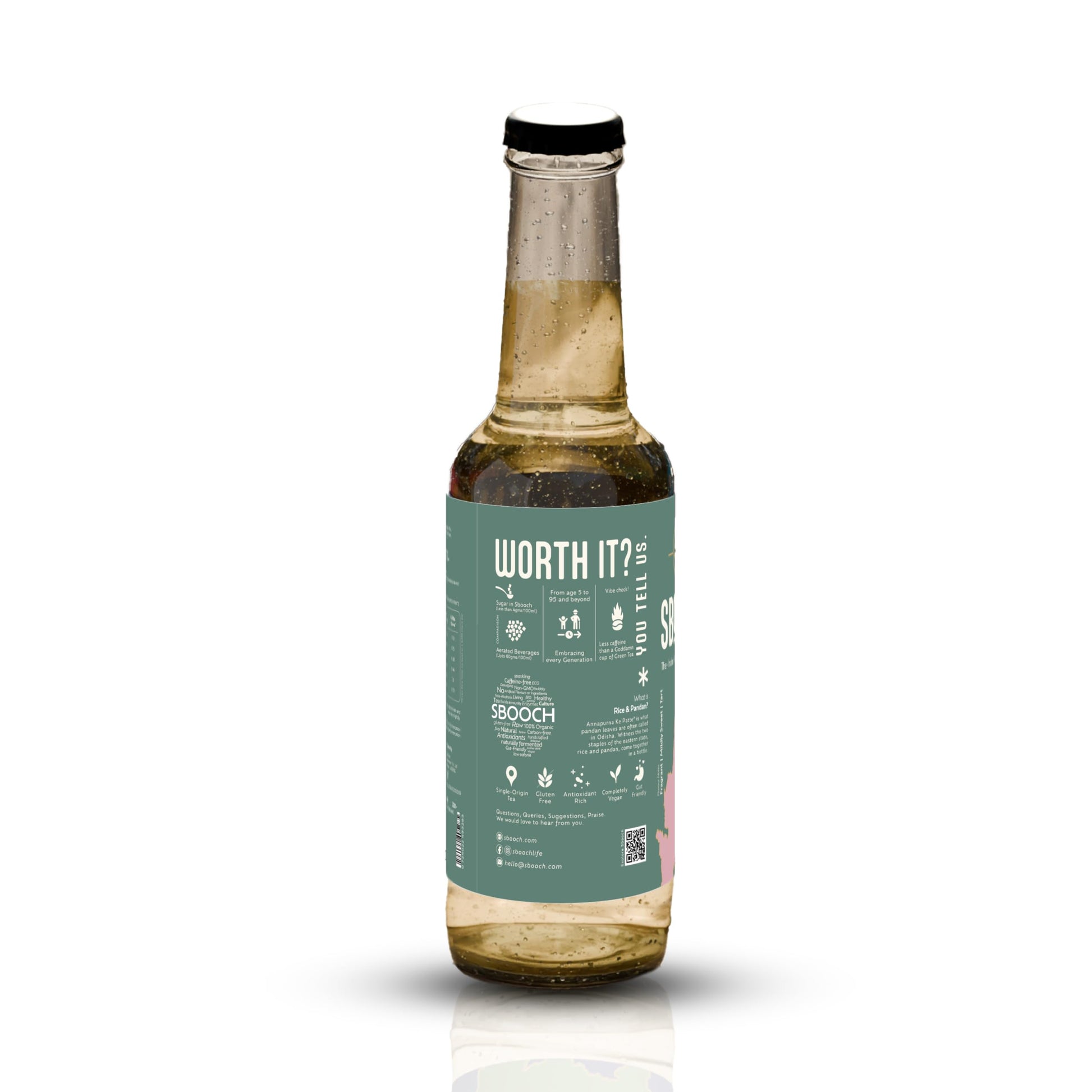 SBOOCH - Indian Sparkling Kombucha Tea | Rice & Pandan Flavor |275ml Pack of 6| Gut-Friendly Beverage | Antioxidant-Rich Zero Preservatives | Alcohol-Free Fermented Tea | Vegan & Gluten-Free