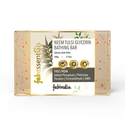 8x Fabessentials Neem Tulsi Glycerin Bathing Bar | with Walnut Granules | for Cleansing, Nourishing and Rejuvenating Skin | Vegan & Toxin Free - 100 gm Pack of 8