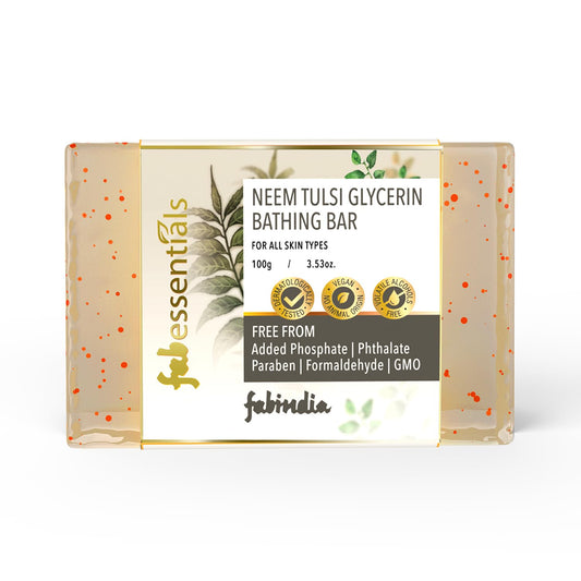 8x Fabessentials Neem Tulsi Glycerin Bathing Bar | with Walnut Granules | for Cleansing, Nourishing and Rejuvenating Skin | Vegan & Toxin Free - 100 gm Pack of 8