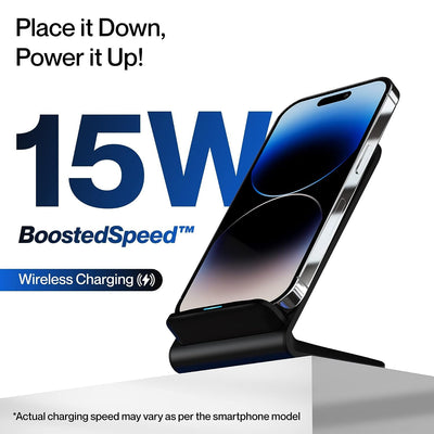 Ambrane 15W Wireless Charging Stand for iPhone 14/13/12 Series, Galaxy S23/S22/S21/S20/Note20 Series, OnePlus 9/9 Pro, Apple Watch & Other Qi Devices (Powerpod, Black)