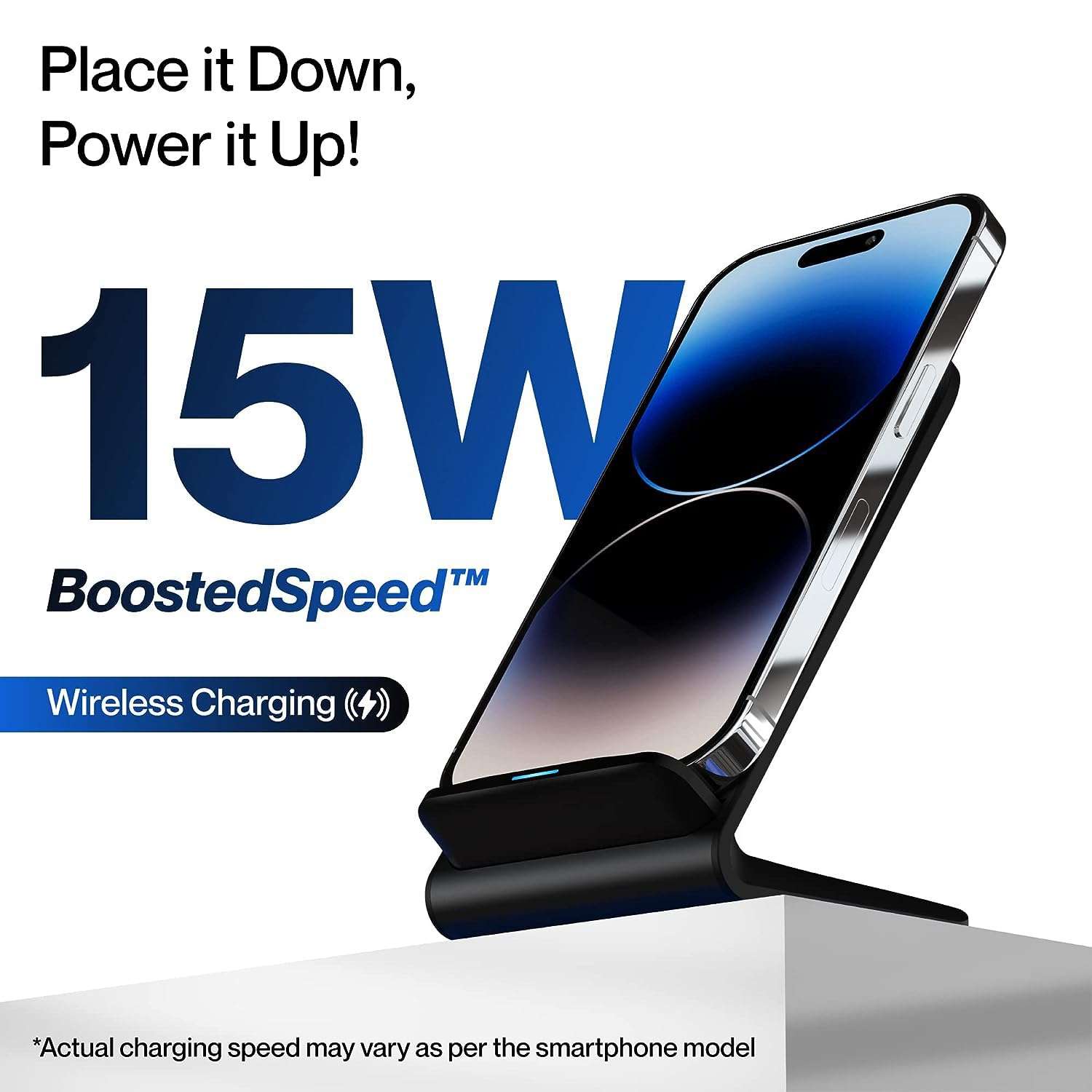 Ambrane 15W Wireless Charging Stand for iPhone 14/13/12 Series, Galaxy S23/S22/S21/S20/Note20 Series, OnePlus 9/9 Pro, Apple Watch & Other Qi Devices (Powerpod, Black)