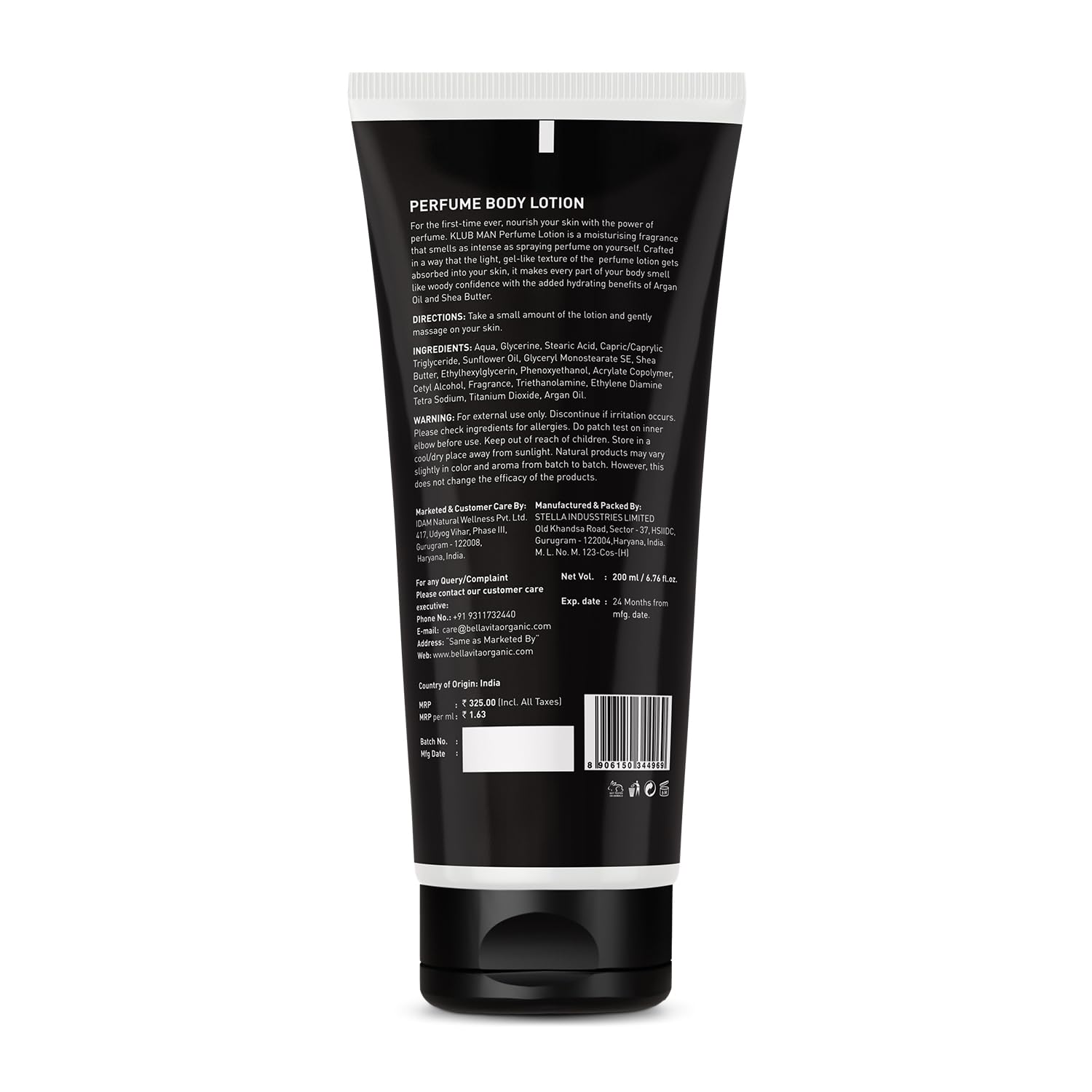 Bella Vita Luxury KLUB Man Body Perfume Lotion for Nourishing, Hydrating, Soft, Supple, Healthy Skin with Argan Oil and Shea Butter 200 ml