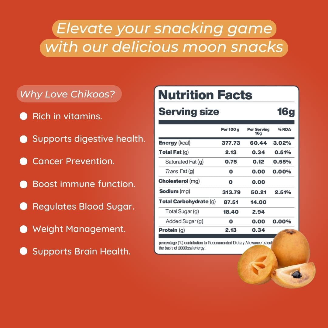 Moon Freeze Dried Chikoo | Healthy Chikoo Snack | 100% Natural, Vegan, No Preservatives, No Added Sugar | 16Gm | Pack of 01